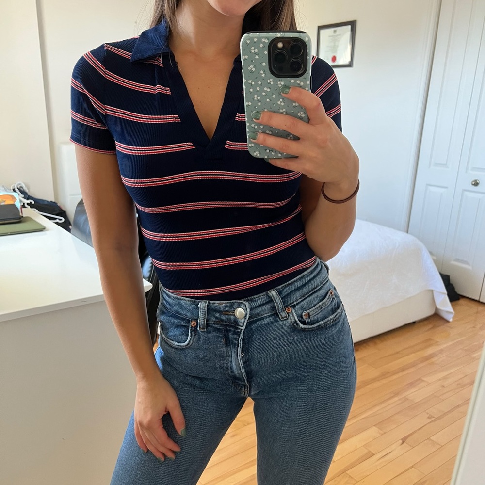 BODYSUIT SHORT SLEEVES SHIRT XS/SMALL NAVY BLUE & RED